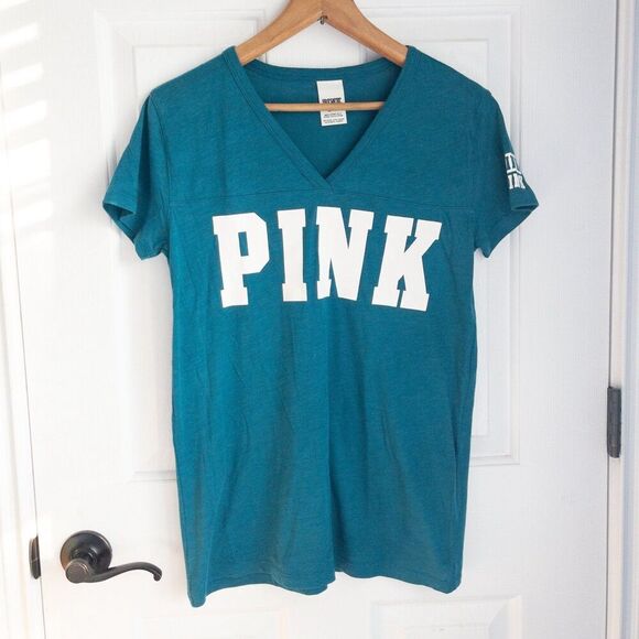 Victoria's Secret PINK teal and white V-neck t-shirt in excellent condition - Picture 2 of 6